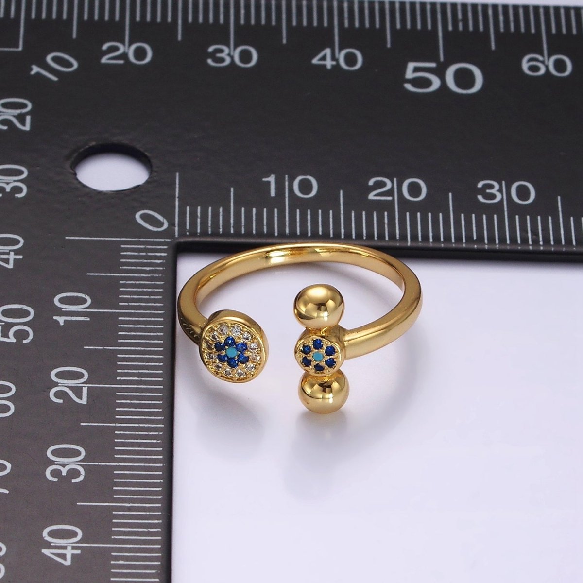 14K Gold Filled Blue CZ Evil Eye Round Triple Bubble Open Claw Ring in Gold & Silver | O1057 O1061 - DLUXCA