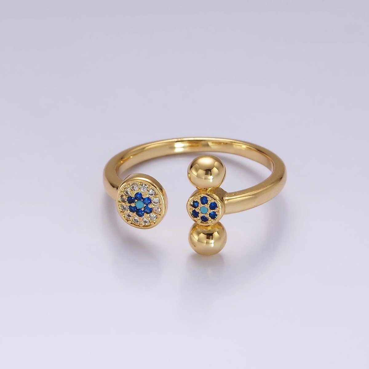 14K Gold Filled Blue CZ Evil Eye Round Triple Bubble Open Claw Ring in Gold & Silver | O1057 O1061 - DLUXCA