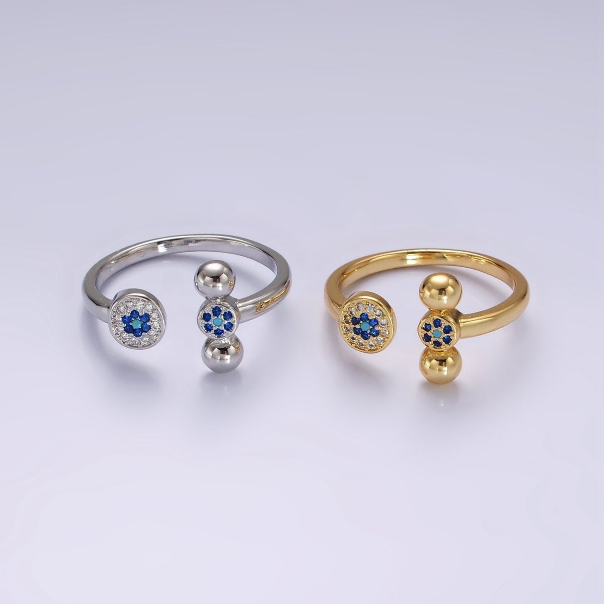 14K Gold Filled Blue CZ Evil Eye Round Triple Bubble Open Claw Ring in Gold & Silver | O1057 O1061 - DLUXCA