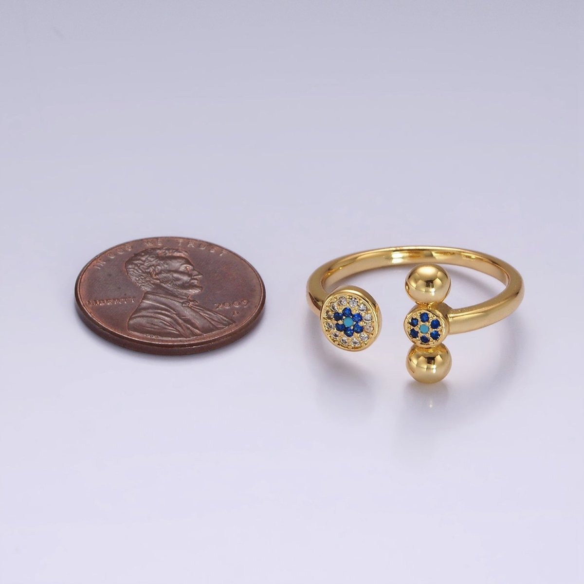 14K Gold Filled Blue CZ Evil Eye Round Triple Bubble Open Claw Ring in Gold & Silver | O1057 O1061 - DLUXCA