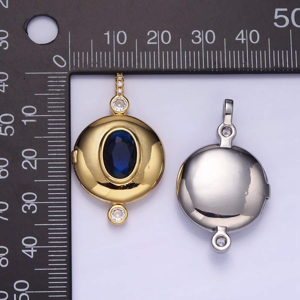 14K Gold Filled Blue CZ Oval Round Locket Micro Paved Bail Pendant in Gold & Silver | AH141 - DLUXCA