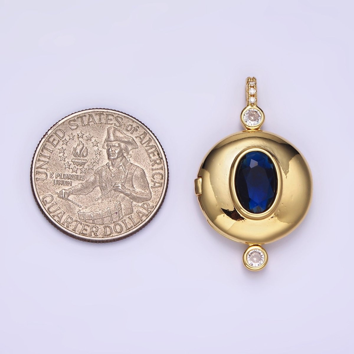 14K Gold Filled Blue CZ Oval Round Locket Micro Paved Bail Pendant in Gold & Silver | AH141 - DLUXCA