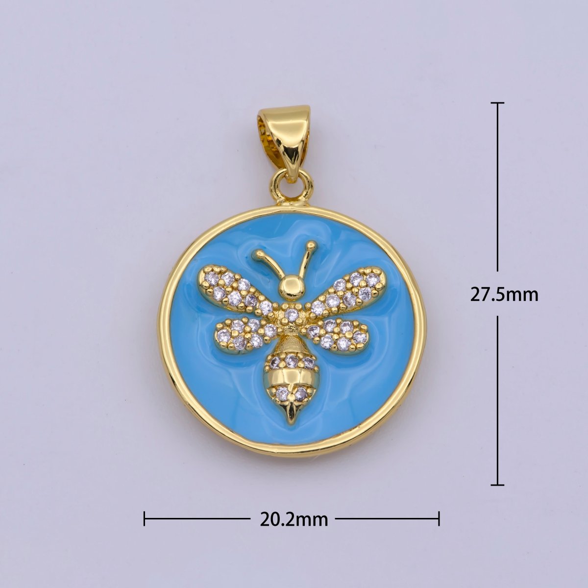 14K Gold Filled Blue Enamel Bumble Queen Bee Micro Paved CZ Round Pendant | N-1432 - DLUXCA