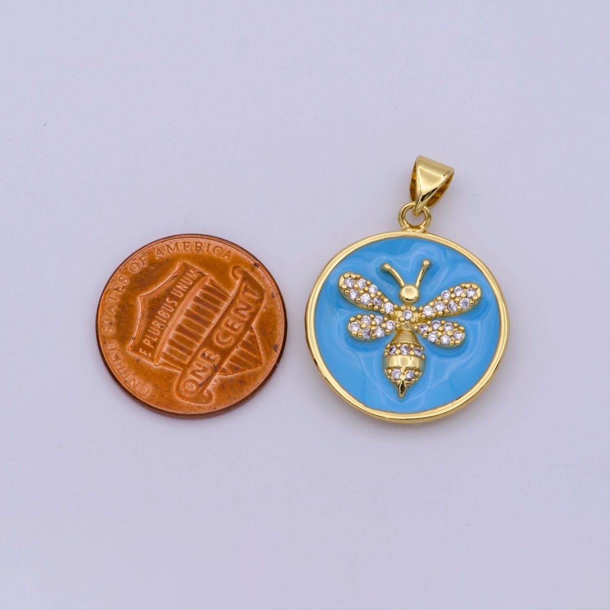 14K Gold Filled Blue Enamel Bumble Queen Bee Micro Paved CZ Round Pendant | N-1432 - DLUXCA