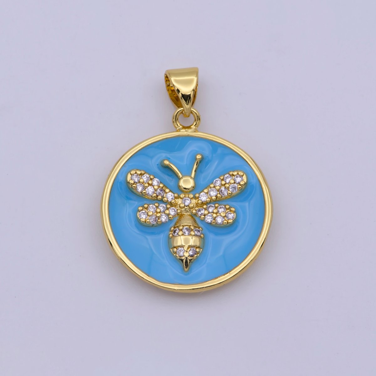 14K Gold Filled Blue Enamel Bumble Queen Bee Micro Paved CZ Round Pendant | N-1432 - DLUXCA