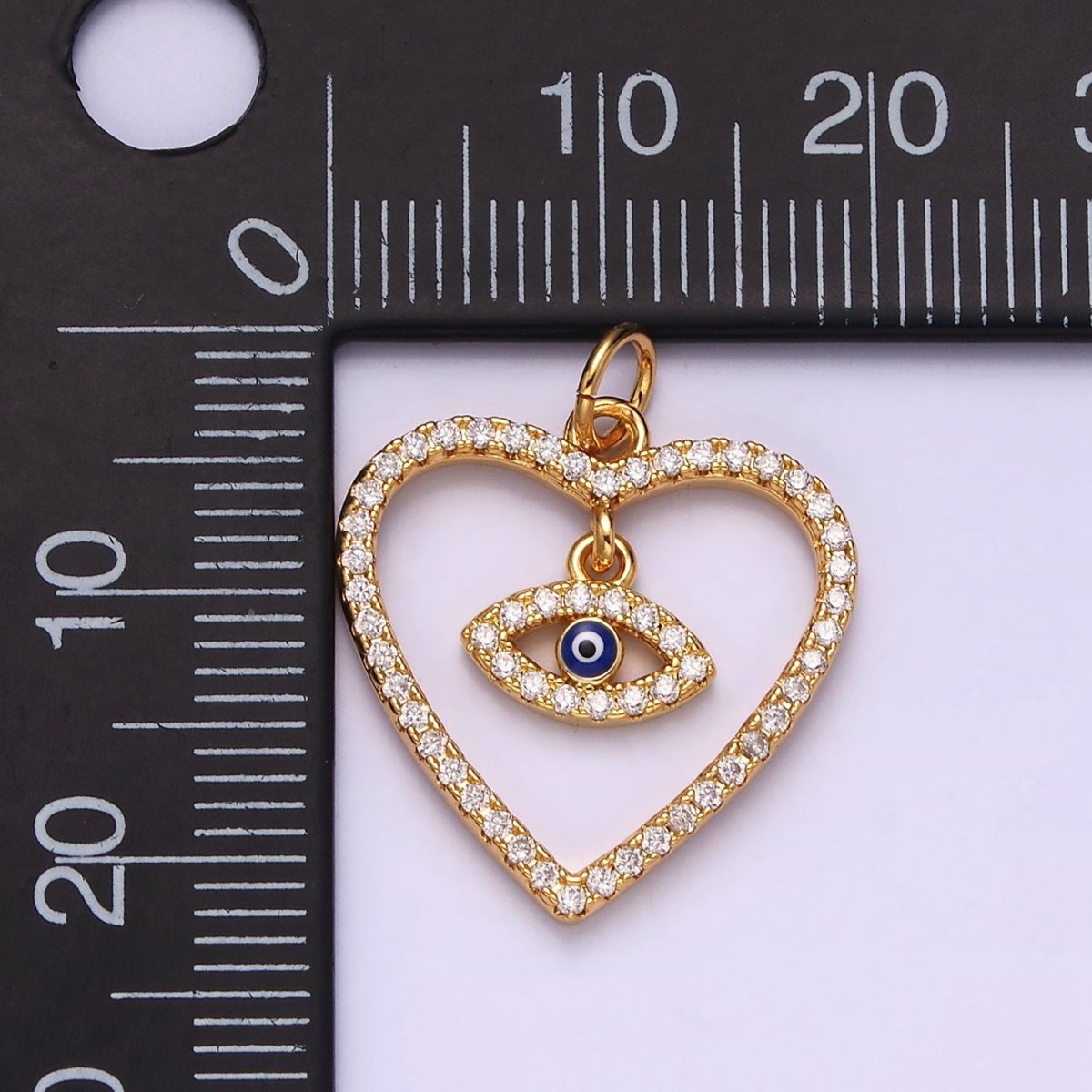 14K Gold Filled Blue Enamel Evil Eye Drop Open Heart Micro Paved CZ Charm | AC1411 - DLUXCA