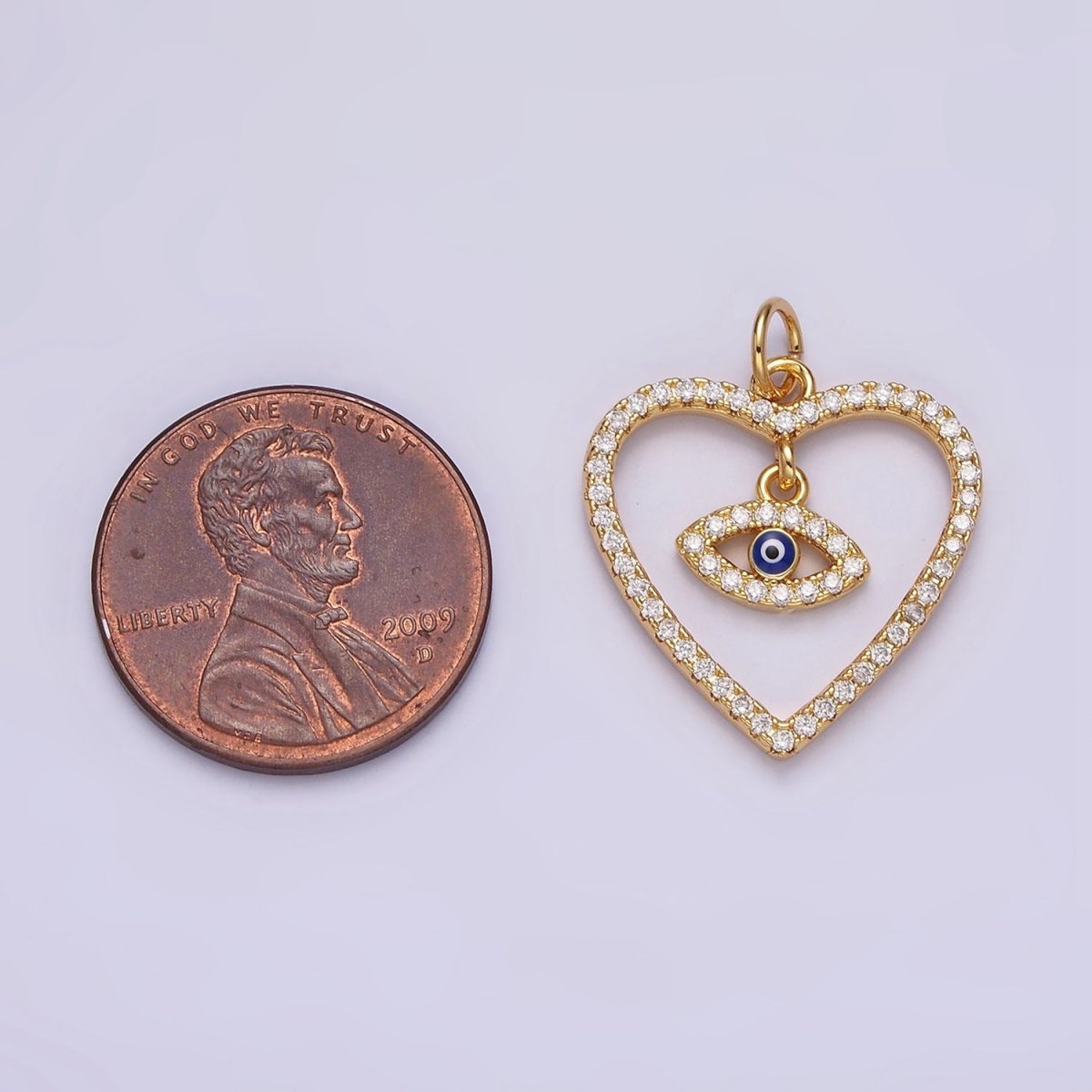 14K Gold Filled Blue Enamel Evil Eye Drop Open Heart Micro Paved CZ Charm | AC1411 - DLUXCA