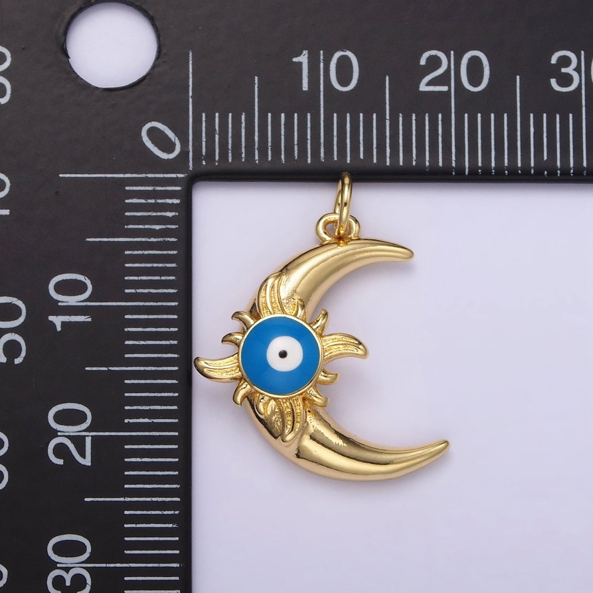 14K Gold Filled Blue Evil Eye Enamel Celestial Sun Crescent Moon Charm in Gold & Silver | N1169 N1170 - DLUXCA