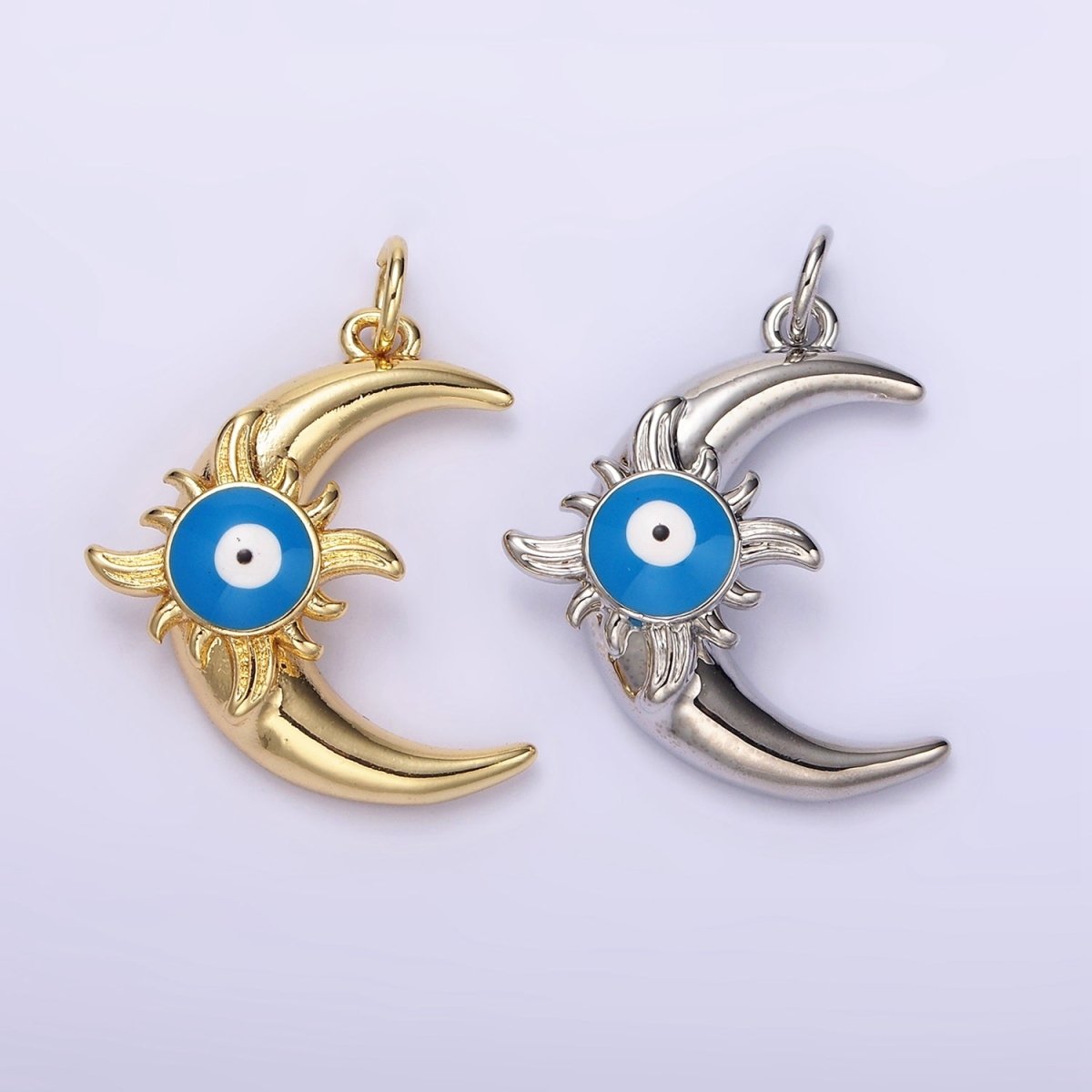 14K Gold Filled Blue Evil Eye Enamel Celestial Sun Crescent Moon Charm in Gold & Silver | N1169 N1170 - DLUXCA