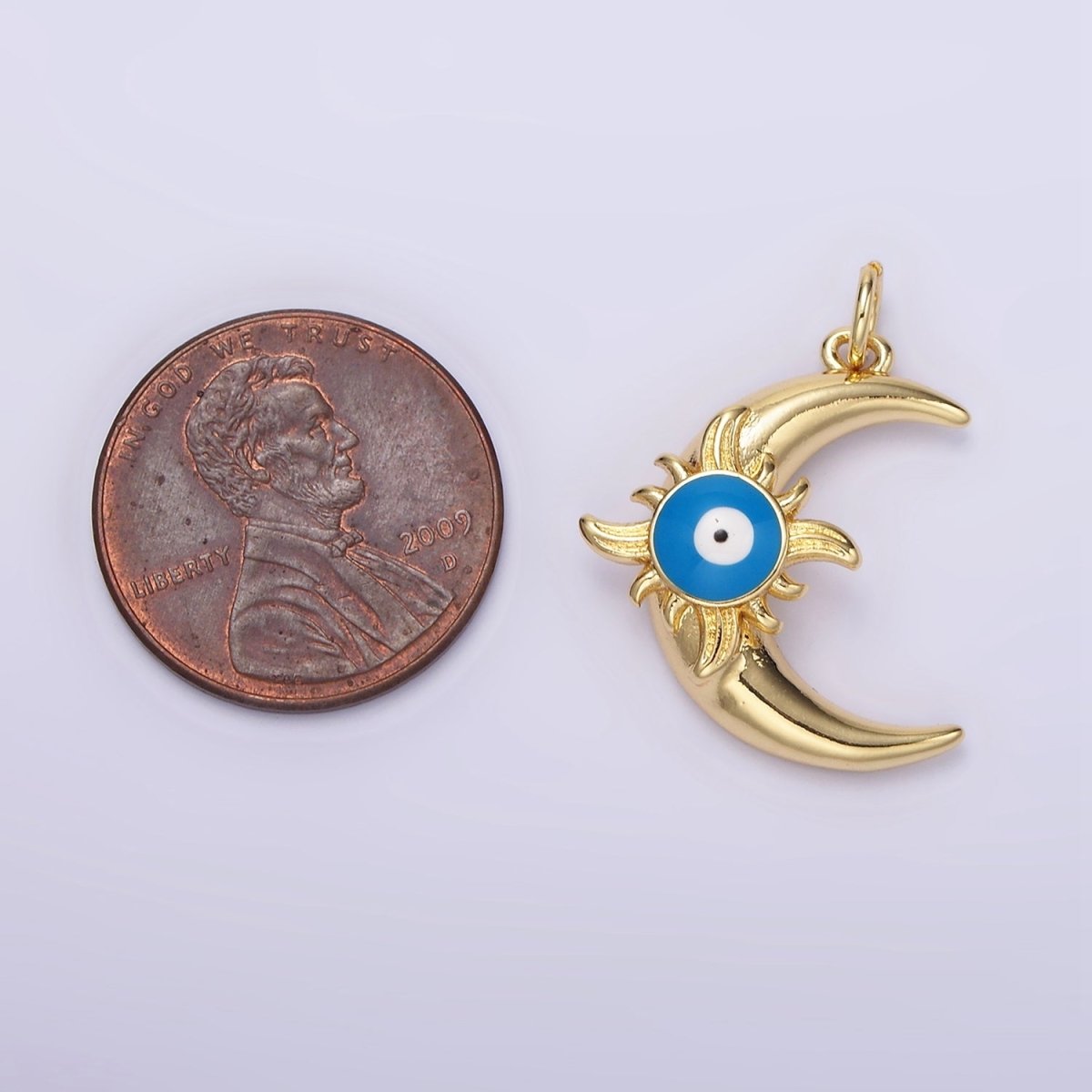 14K Gold Filled Blue Evil Eye Enamel Celestial Sun Crescent Moon Charm in Gold & Silver | N1169 N1170 - DLUXCA