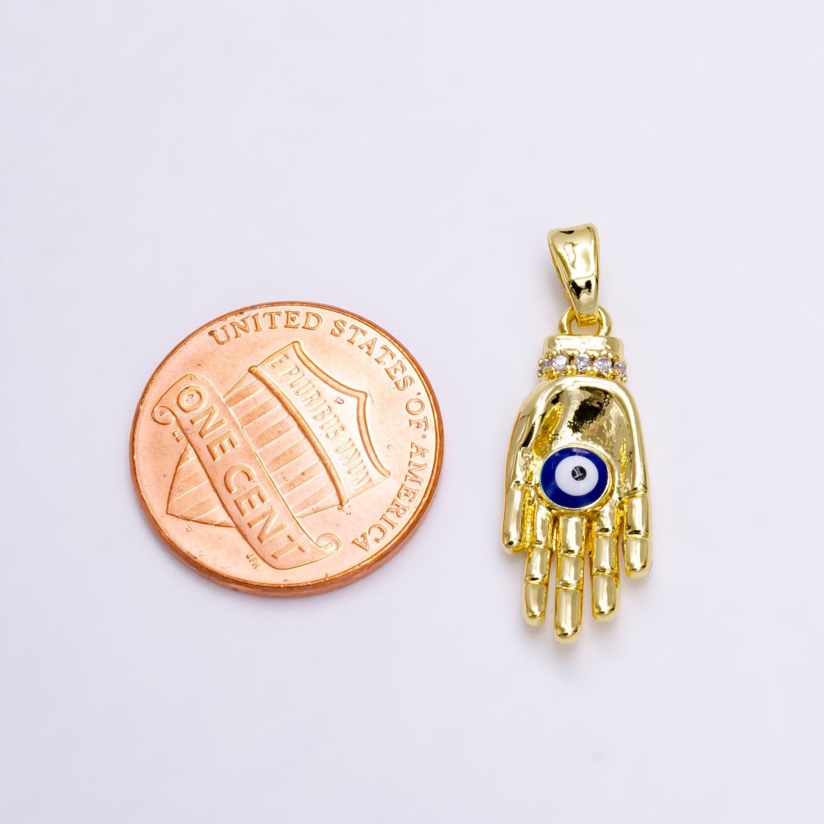 14K Gold Filled Blue Evil Eye Enamel Micro Paved CZ Hand Human Autonomy Pendant | N1461 - DLUXCA