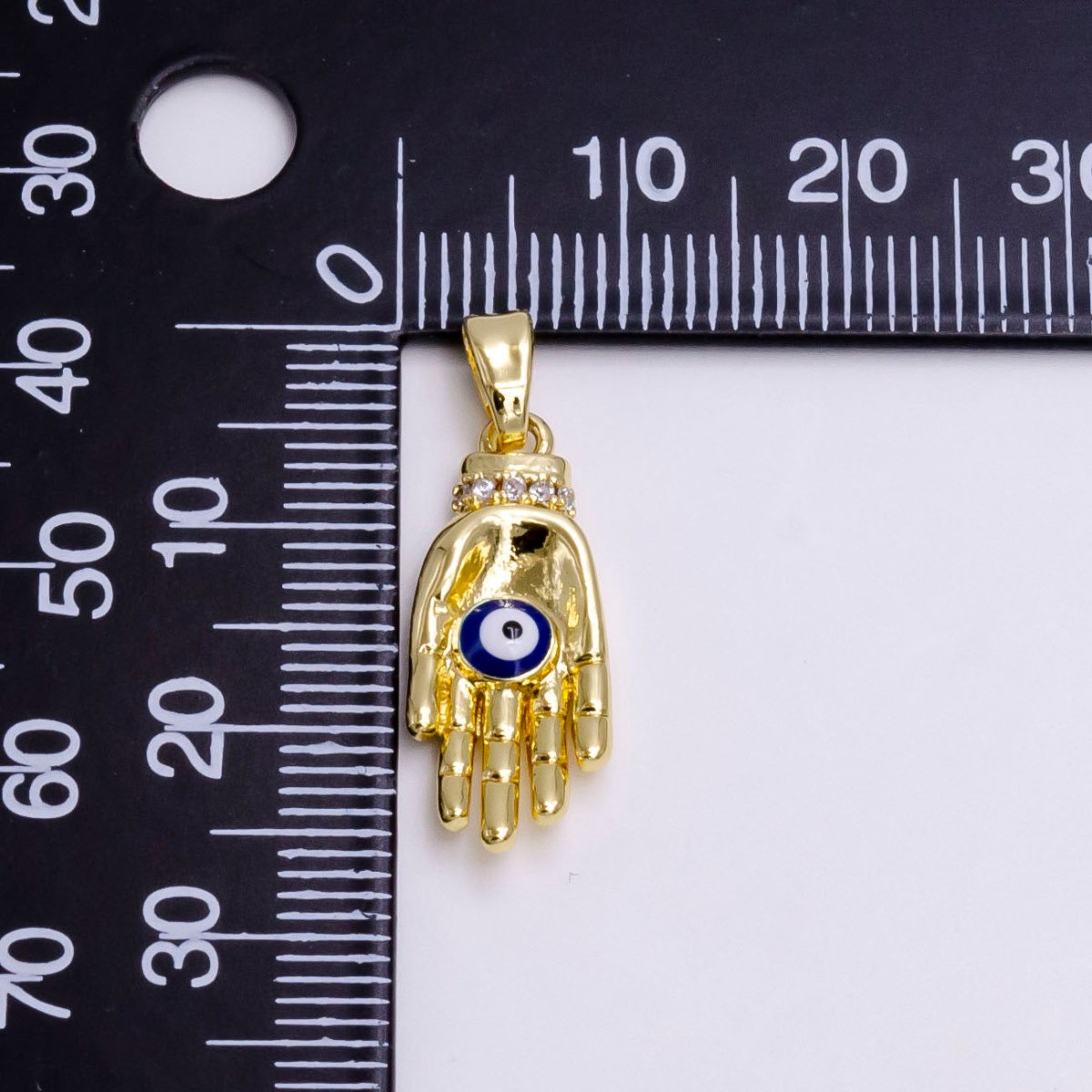 14K Gold Filled Blue Evil Eye Enamel Micro Paved CZ Hand Human Autonomy Pendant | N1461 - DLUXCA