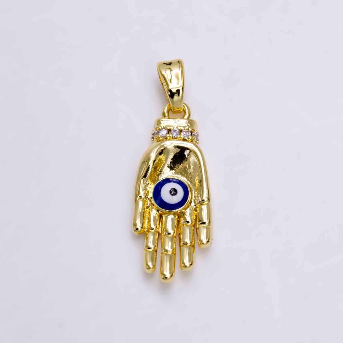 14K Gold Filled Blue Evil Eye Enamel Micro Paved CZ Hand Human Autonomy Pendant | N1461 - DLUXCA