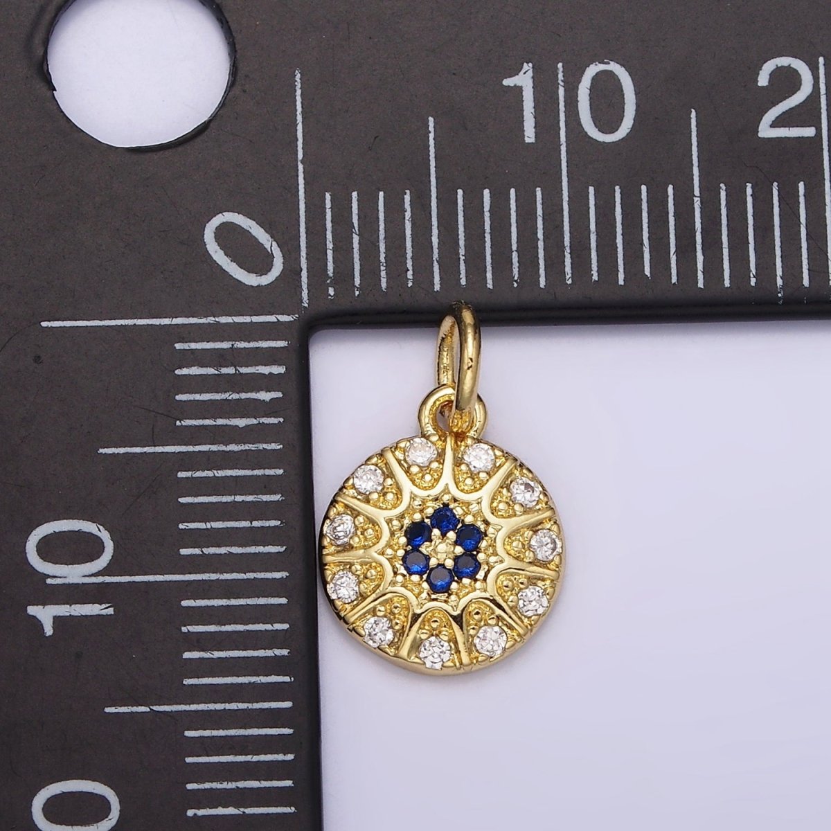 14K Gold Filled Blue Evil Eye Sunburst CZ Dotted Round Add-On Charm | N981 - DLUXCA