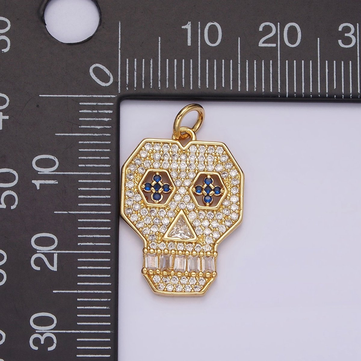 14K Gold Filled Blue-Eyed Skeleton Skull Clear Micro Paved CZ Charm | N1536 - DLUXCA