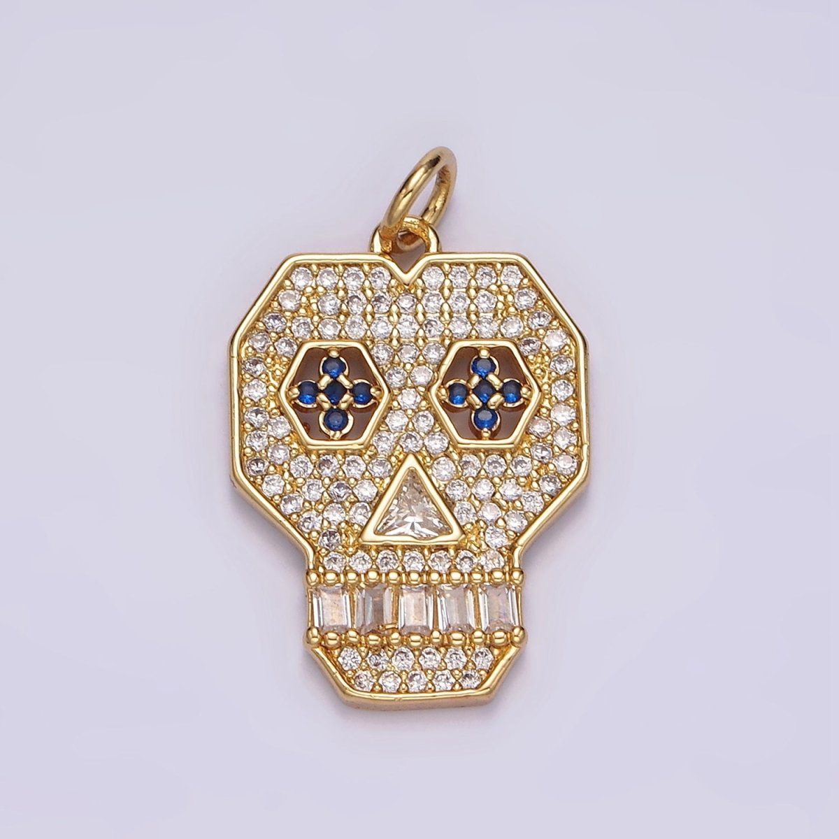 14K Gold Filled Blue-Eyed Skeleton Skull Clear Micro Paved CZ Charm | N1536 - DLUXCA