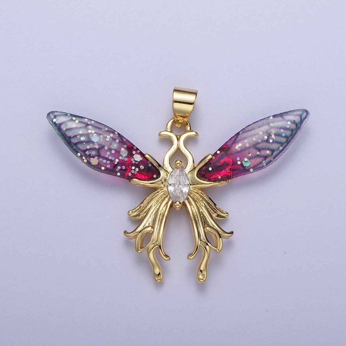 14K Gold Filled Blue / Fuchsia Fairy Butterfly Swallowtail Wings Marquise Cubic Zirconia Pendant H-529 H-541 - DLUXCA