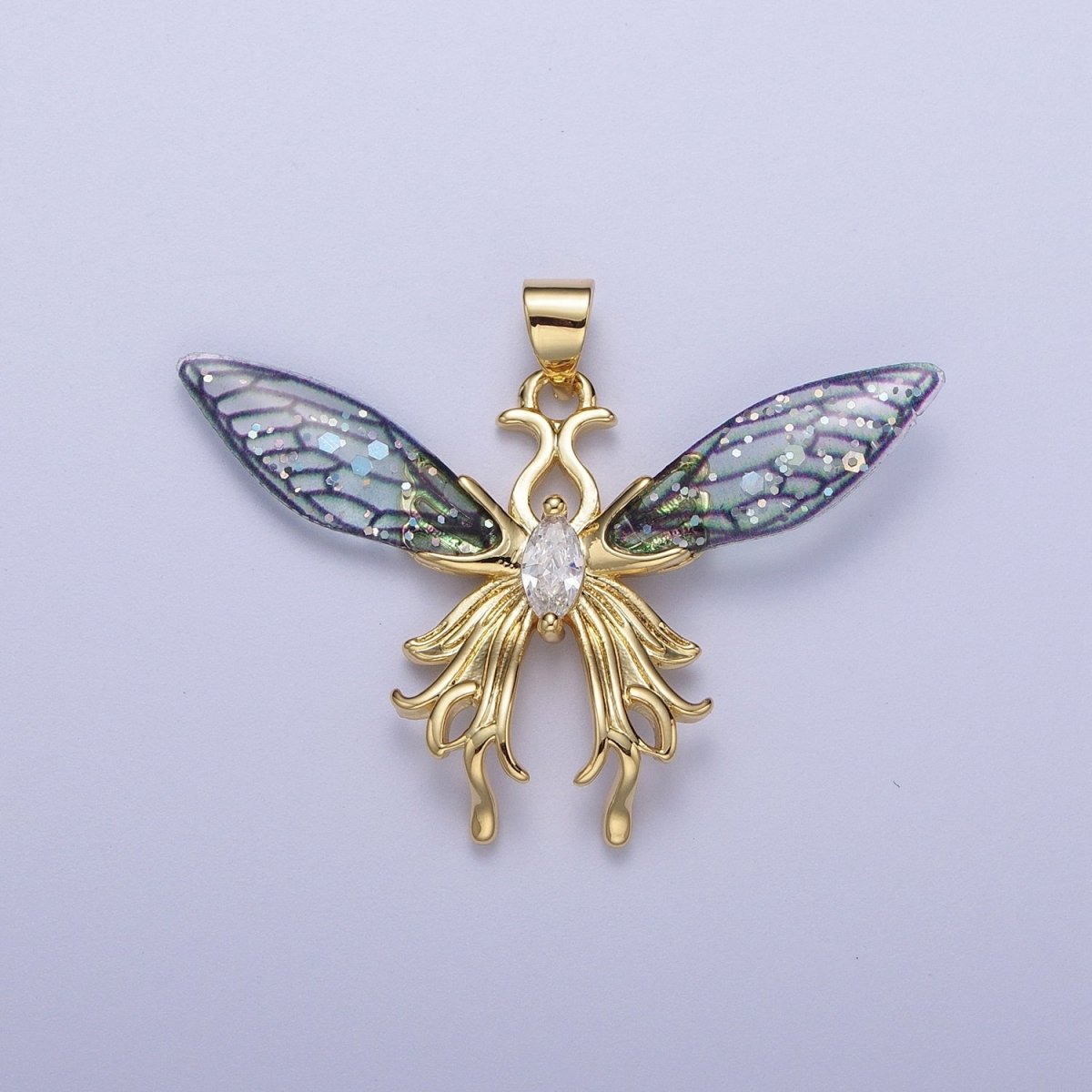 14K Gold Filled Blue / Fuchsia Fairy Butterfly Swallowtail Wings Marquise Cubic Zirconia Pendant H-529 H-541 - DLUXCA