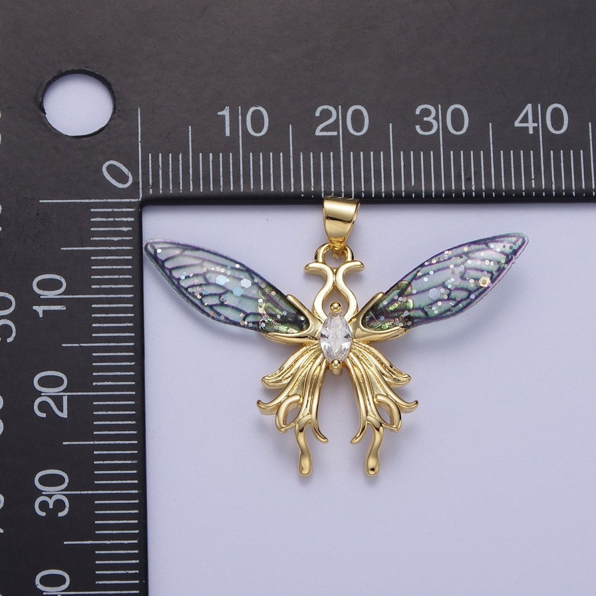 14K Gold Filled Blue / Fuchsia Fairy Butterfly Swallowtail Wings Marquise Cubic Zirconia Pendant H-529 H-541 - DLUXCA