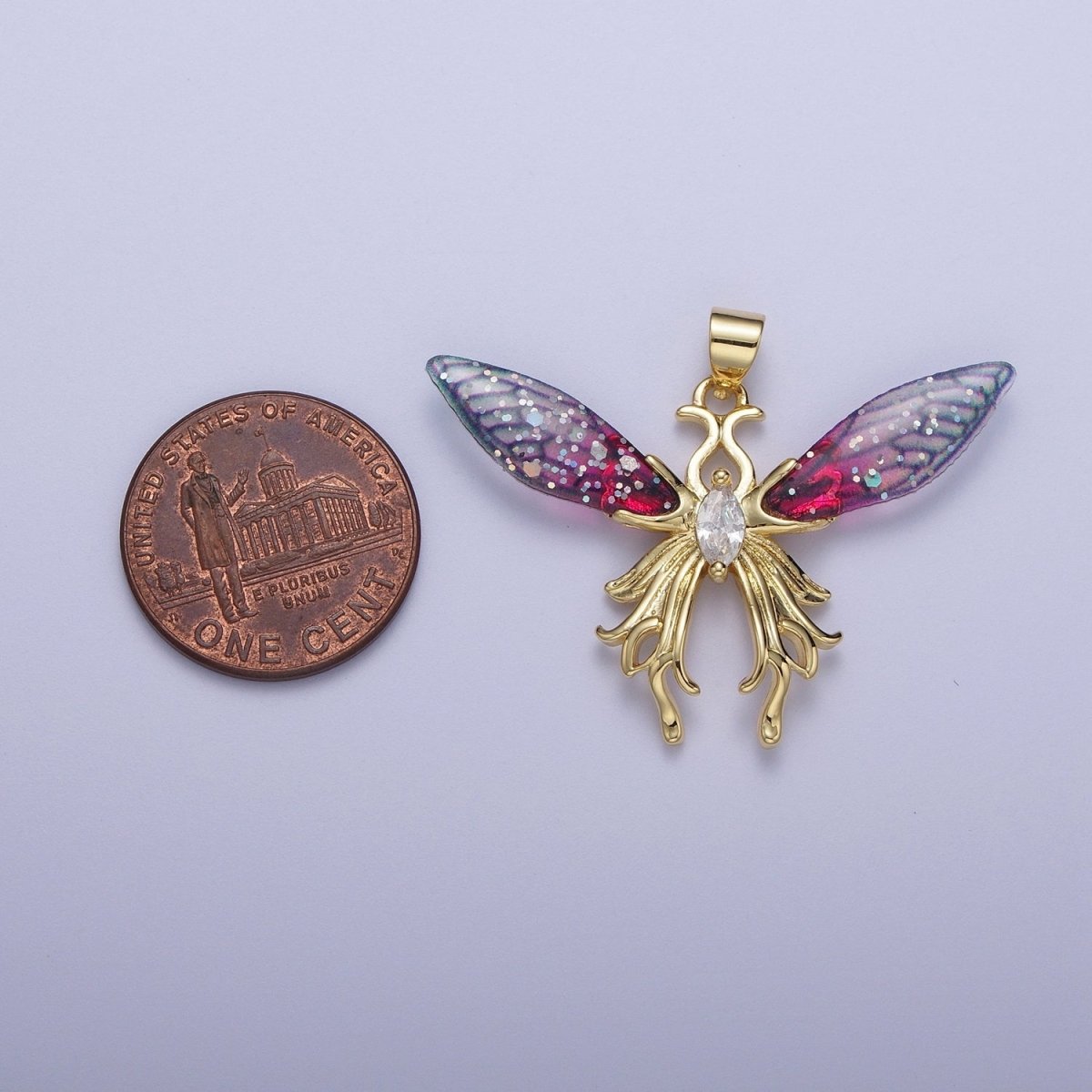 14K Gold Filled Blue / Fuchsia Fairy Butterfly Swallowtail Wings Marquise Cubic Zirconia Pendant H-529 H-541 - DLUXCA