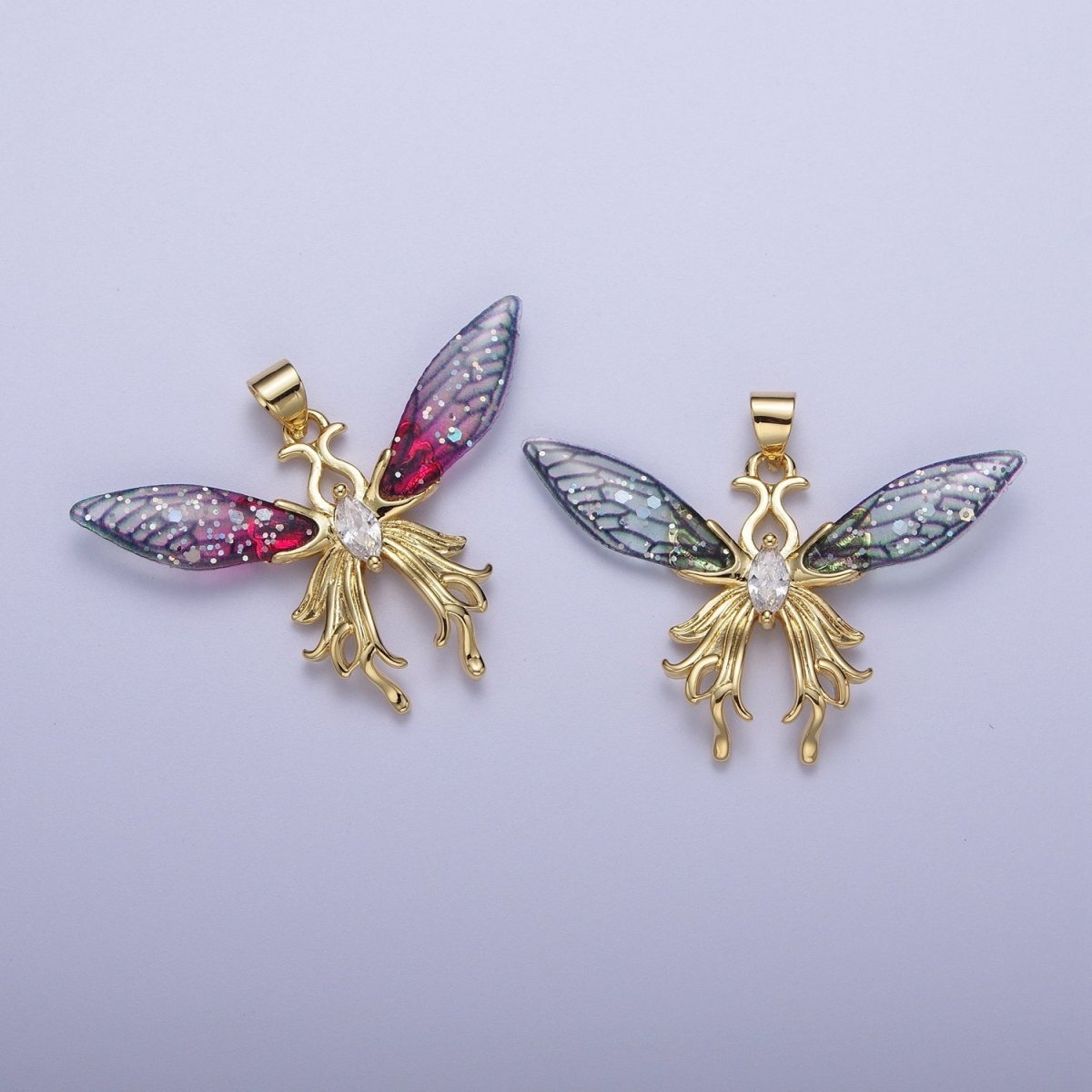 14K Gold Filled Blue / Fuchsia Fairy Butterfly Swallowtail Wings Marquise Cubic Zirconia Pendant H-529 H-541 - DLUXCA