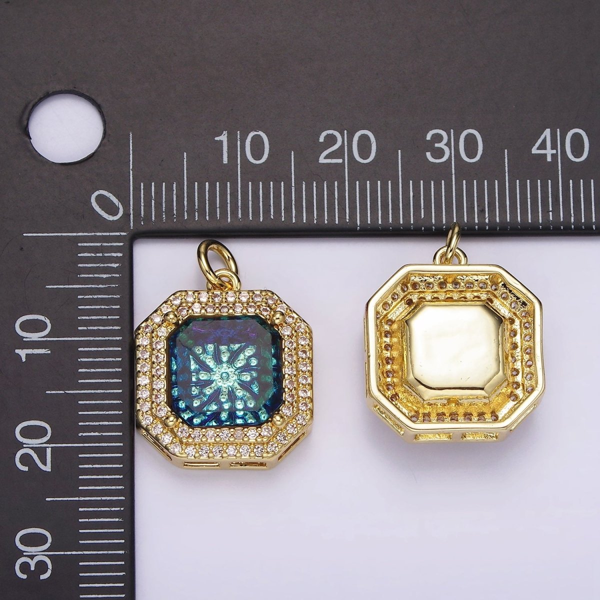 14K Gold Filled Blue Iridescent CZ Micro Paved Hexagonal Charm | AG536 - DLUXCA