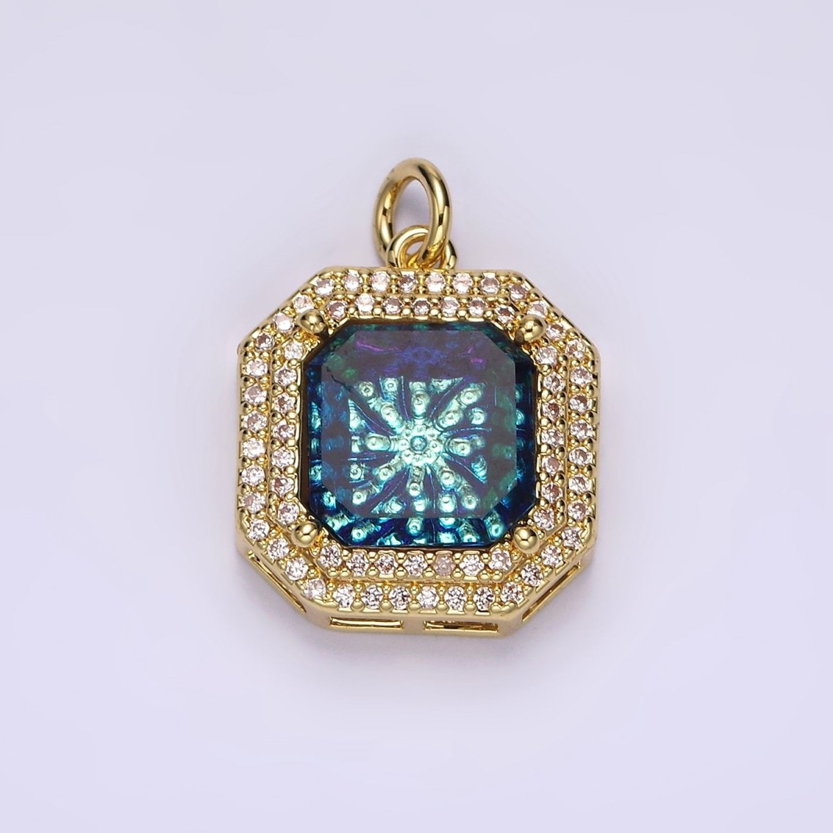 14K Gold Filled Blue Iridescent CZ Micro Paved Hexagonal Charm | AG536 - DLUXCA