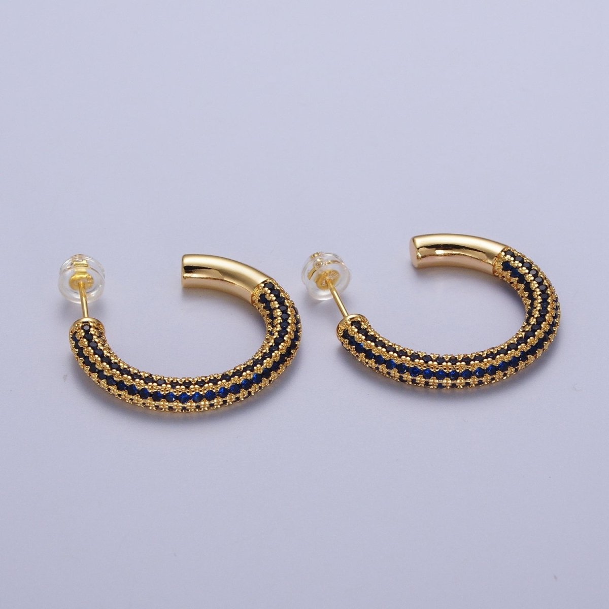 14K Gold Filled Blue Micro Paved CZ C Shaped Hoop Studs | Y-106 - DLUXCA