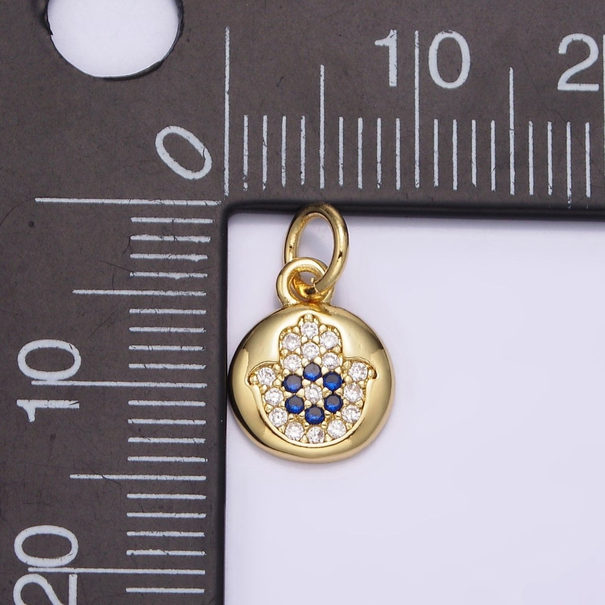 14K Gold Filled Blue Micro Paved CZ Evil Eye Hamsa Hand Round Add-On Charm | N983 - DLUXCA