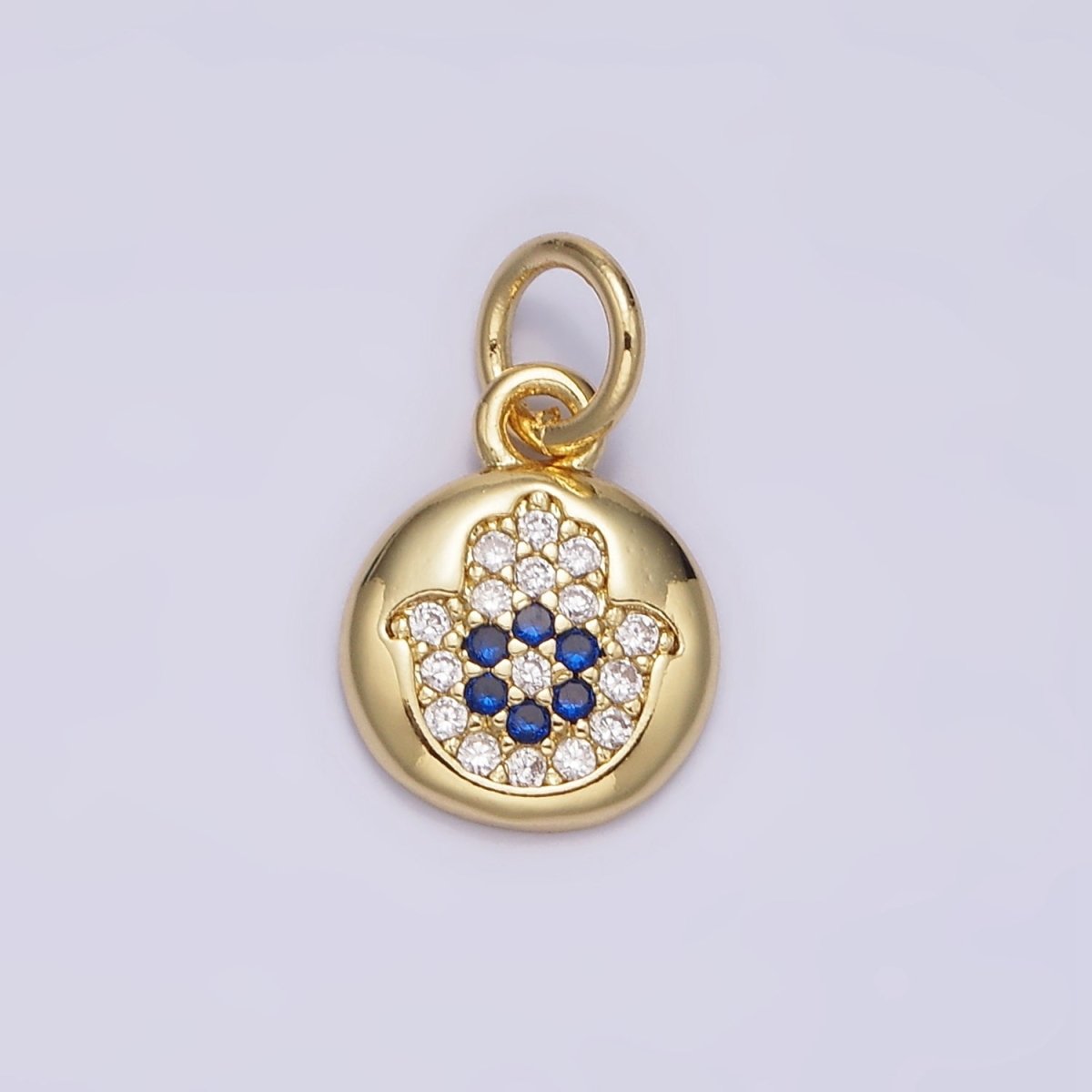 14K Gold Filled Blue Micro Paved CZ Evil Eye Hamsa Hand Round Add-On Charm | N983 - DLUXCA