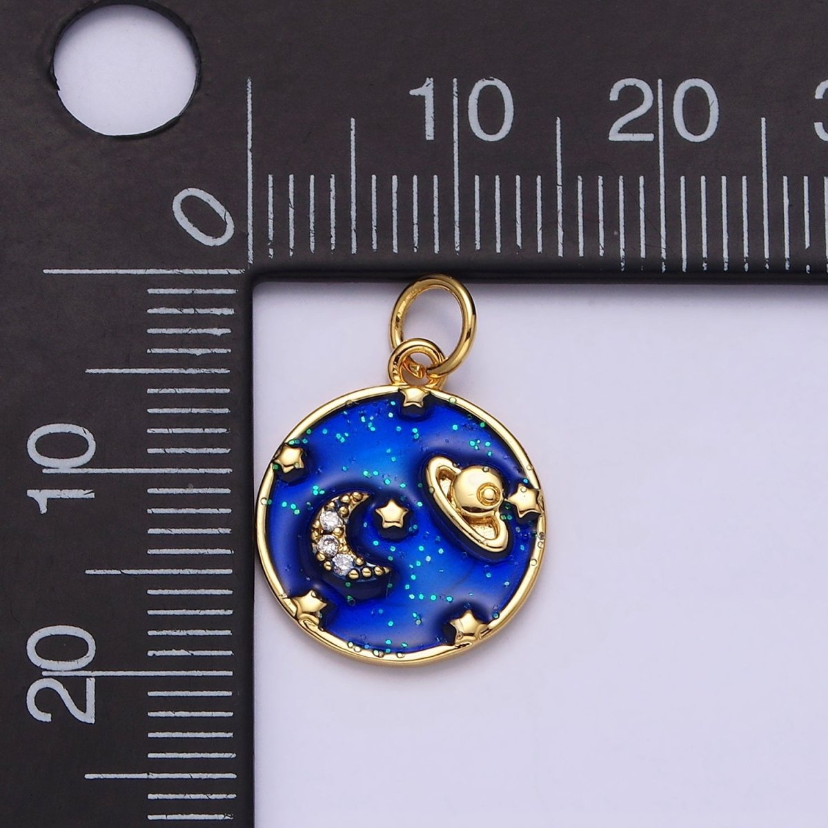 14K Gold Filled Blue, Multicolor Pastel Enamel Galaxy Celestial Planet Stars Round Charm | AC1412 AC1413 - DLUXCA