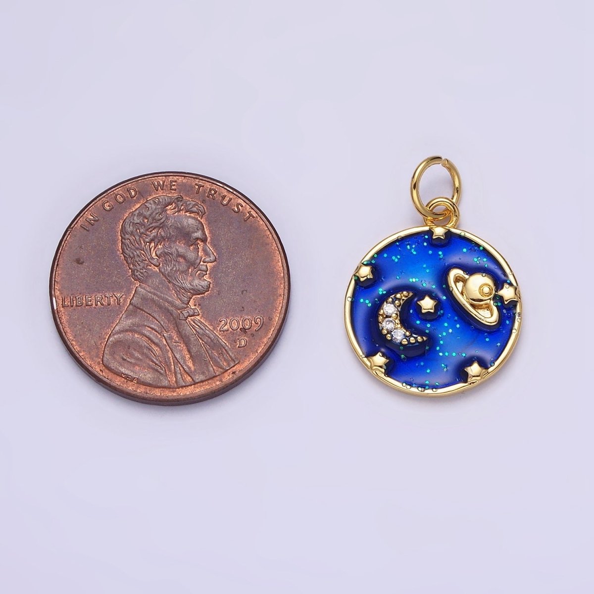 14K Gold Filled Blue, Multicolor Pastel Enamel Galaxy Celestial Planet Stars Round Charm | AC1412 AC1413 - DLUXCA
