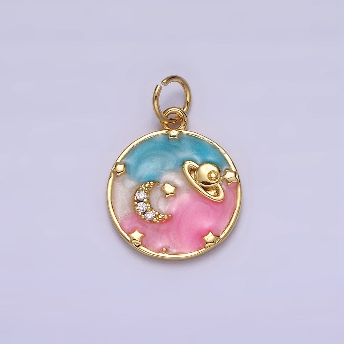 14K Gold Filled Blue, Multicolor Pastel Enamel Galaxy Celestial Planet Stars Round Charm | AC1412 AC1413 - DLUXCA