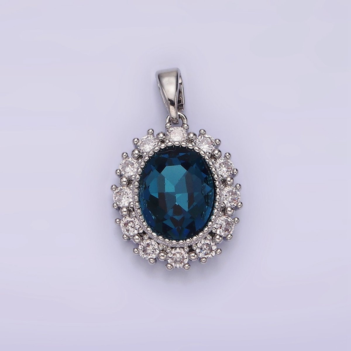 14K Gold Filled Blue Multifaceted CZ Dotted Outlined Oval Pendant in Gold & Silver | N1800 N1801 - DLUXCA