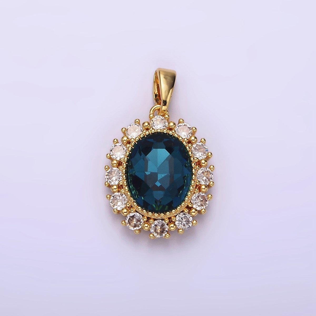 14K Gold Filled Blue Multifaceted CZ Dotted Outlined Oval Pendant in Gold & Silver | N1800 N1801 - DLUXCA