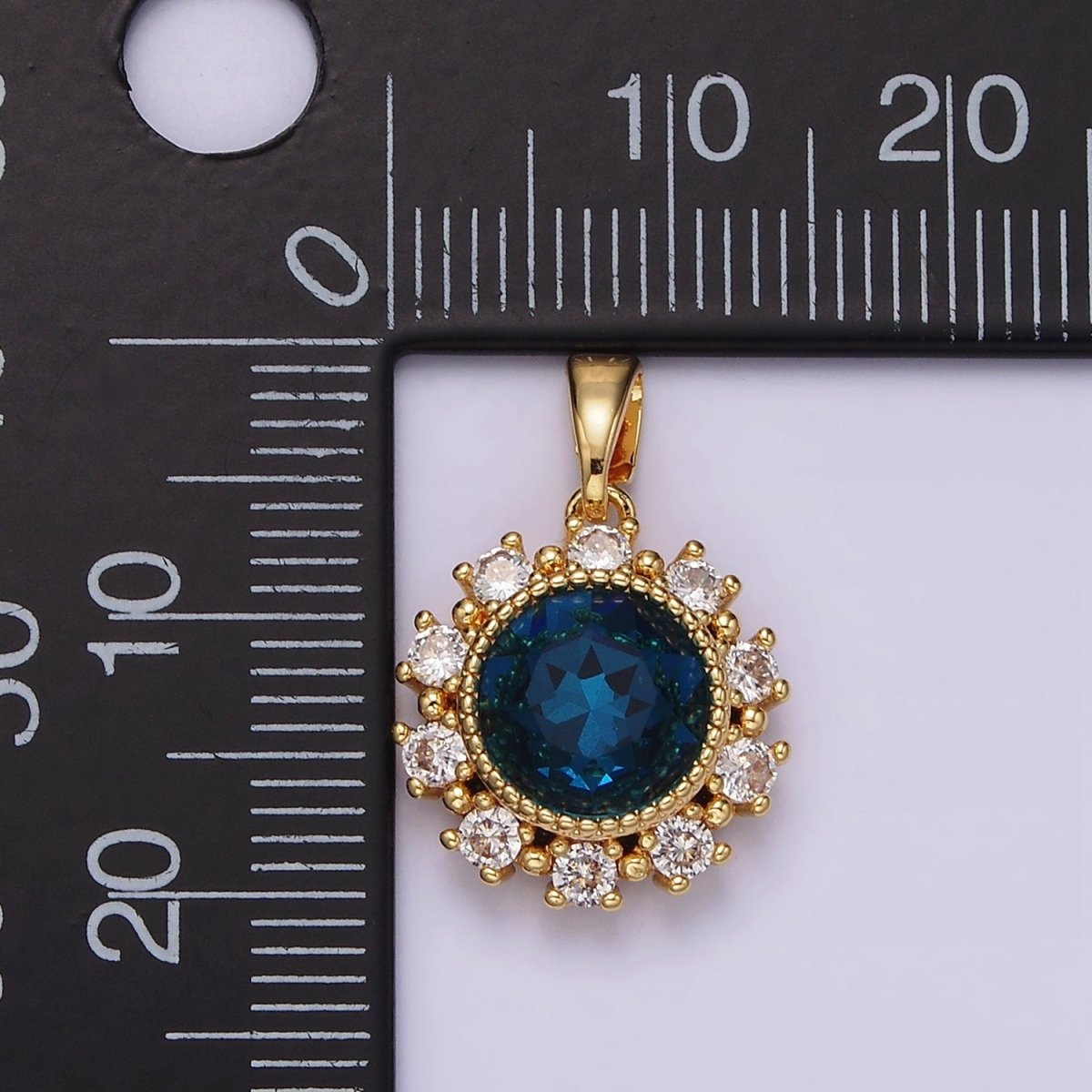 14K Gold Filled Blue Multifaceted CZ Dotted Outlined Round Pendant in Gold & Silver | N1802 N1803 - DLUXCA