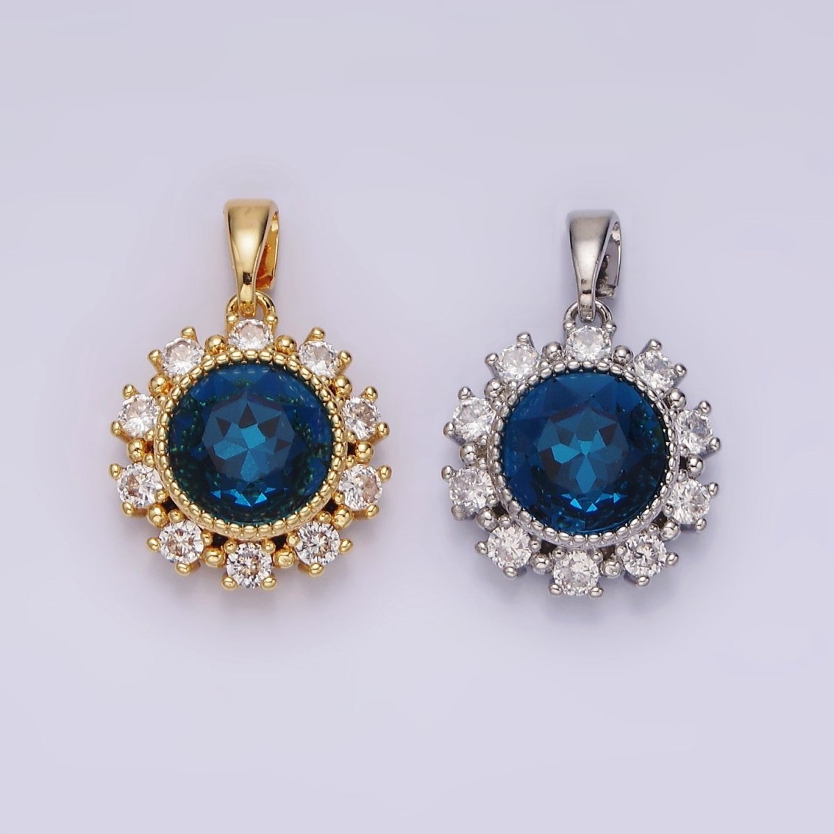 14K Gold Filled Blue Multifaceted CZ Dotted Outlined Round Pendant in Gold & Silver | N1802 N1803 - DLUXCA