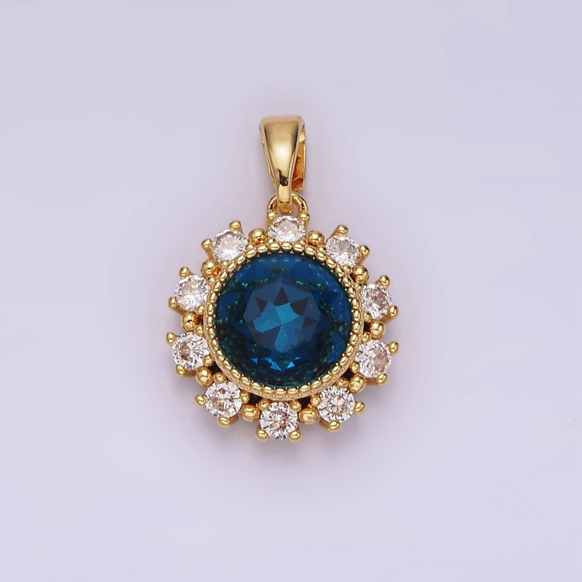 14K Gold Filled Blue Multifaceted CZ Dotted Outlined Round Pendant in Gold & Silver | N1802 N1803 - DLUXCA