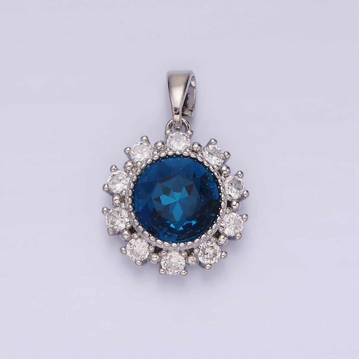 14K Gold Filled Blue Multifaceted CZ Dotted Outlined Round Pendant in Gold & Silver | N1802 N1803 - DLUXCA