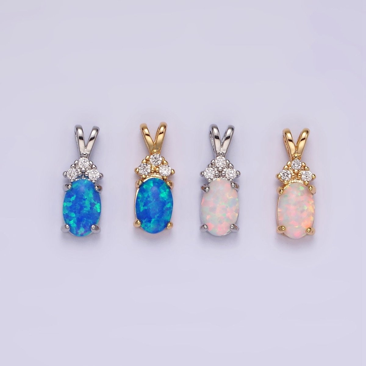 14K Gold Filled Blue Opal, White Opal Oval Triple CZ Double Band Bail Pendant in Silver & Gold | N1903 - N1906 - DLUXCA