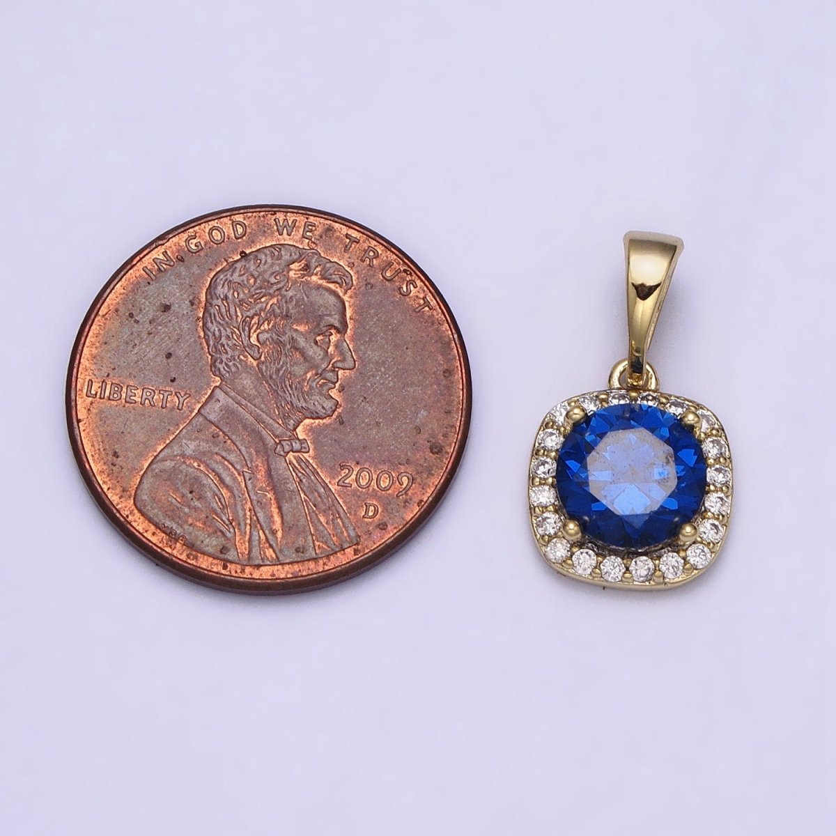 14K Gold Filled Blue Sapphire Round CZ Micro Paved Square Pendant | AA046 - DLUXCA