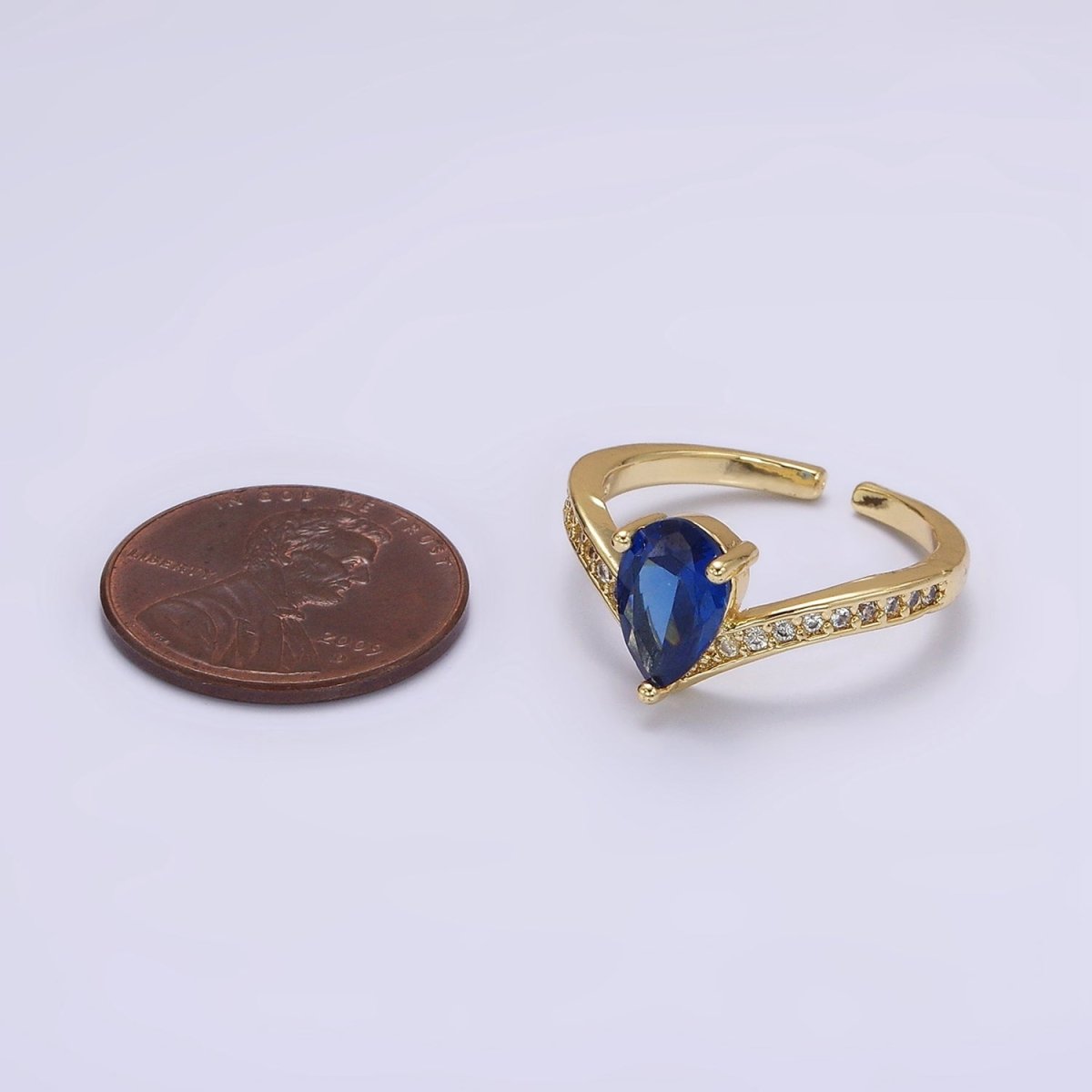 14K Gold Filled Blue Teardrop Micro Paved Chevron Ring in Gold & Silver | O1032 O1033 - DLUXCA