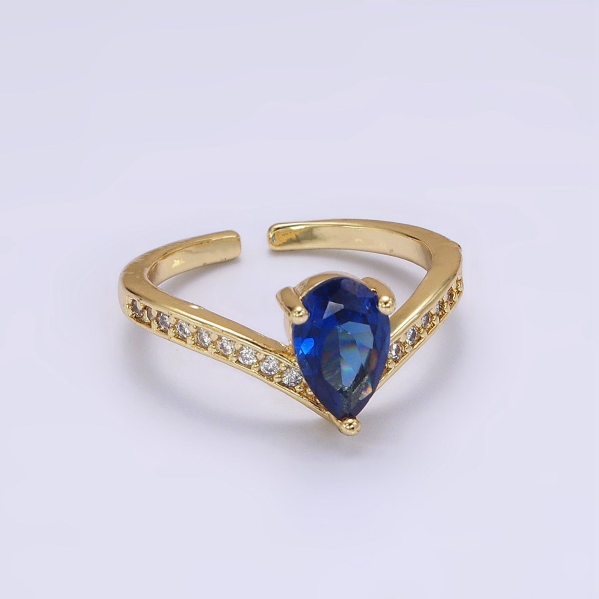 14K Gold Filled Blue Teardrop Micro Paved Chevron Ring in Gold & Silver | O1032 O1033 - DLUXCA