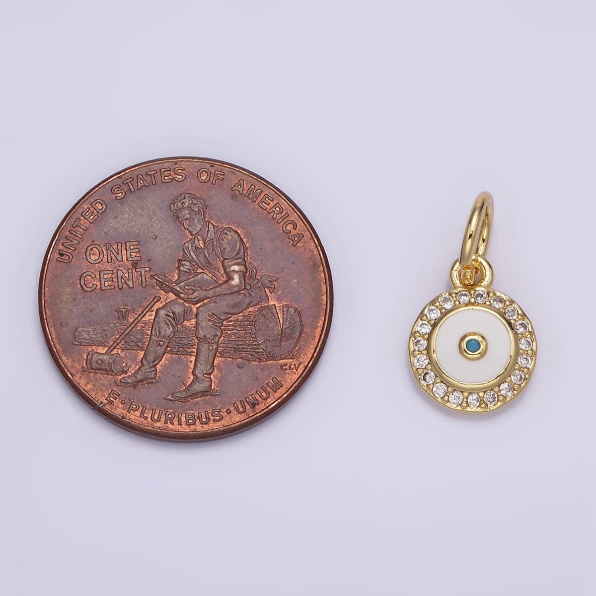 14K Gold Filled Blue White Enamel Evil Eye Clear Micro Paved CZ Round Add-On Charm | N985 - DLUXCA