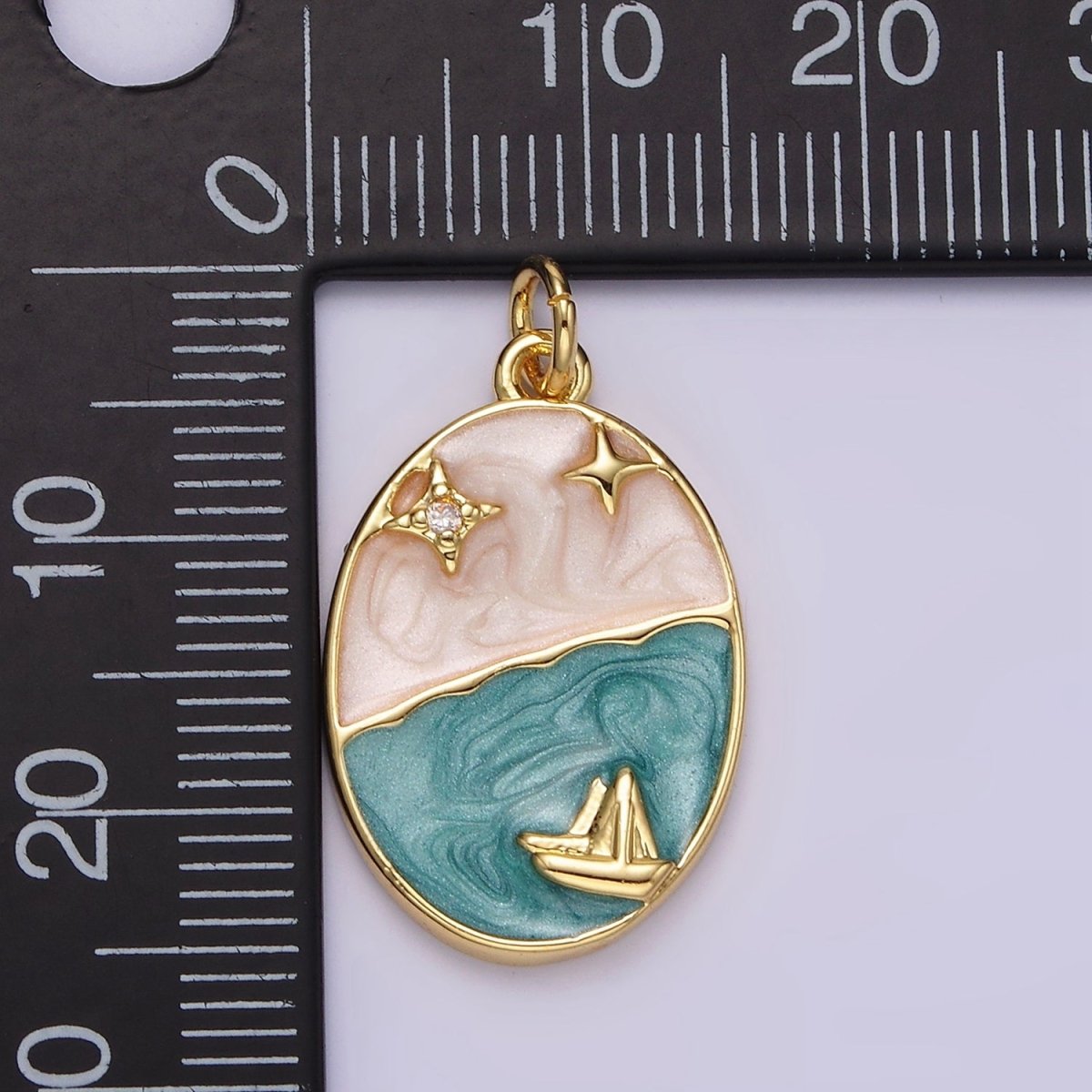 14K Gold Filled Boat Ocean Celestial Star Night Sky Sparkly Enamel Oval Charm | N1150 - DLUXCA