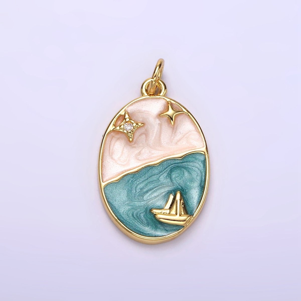 14K Gold Filled Boat Ocean Celestial Star Night Sky Sparkly Enamel Oval Charm | N1150 - DLUXCA