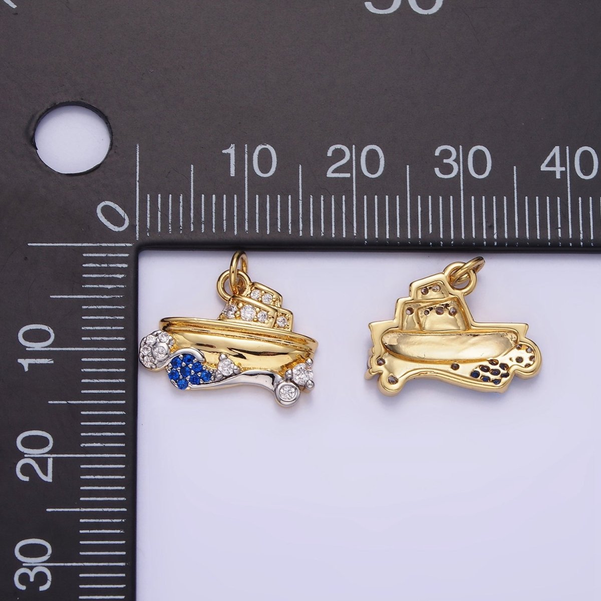 14K Gold Filled Boat Ocean Water CZ Micro Paved Mixed Metal Charm | AG632 - DLUXCA