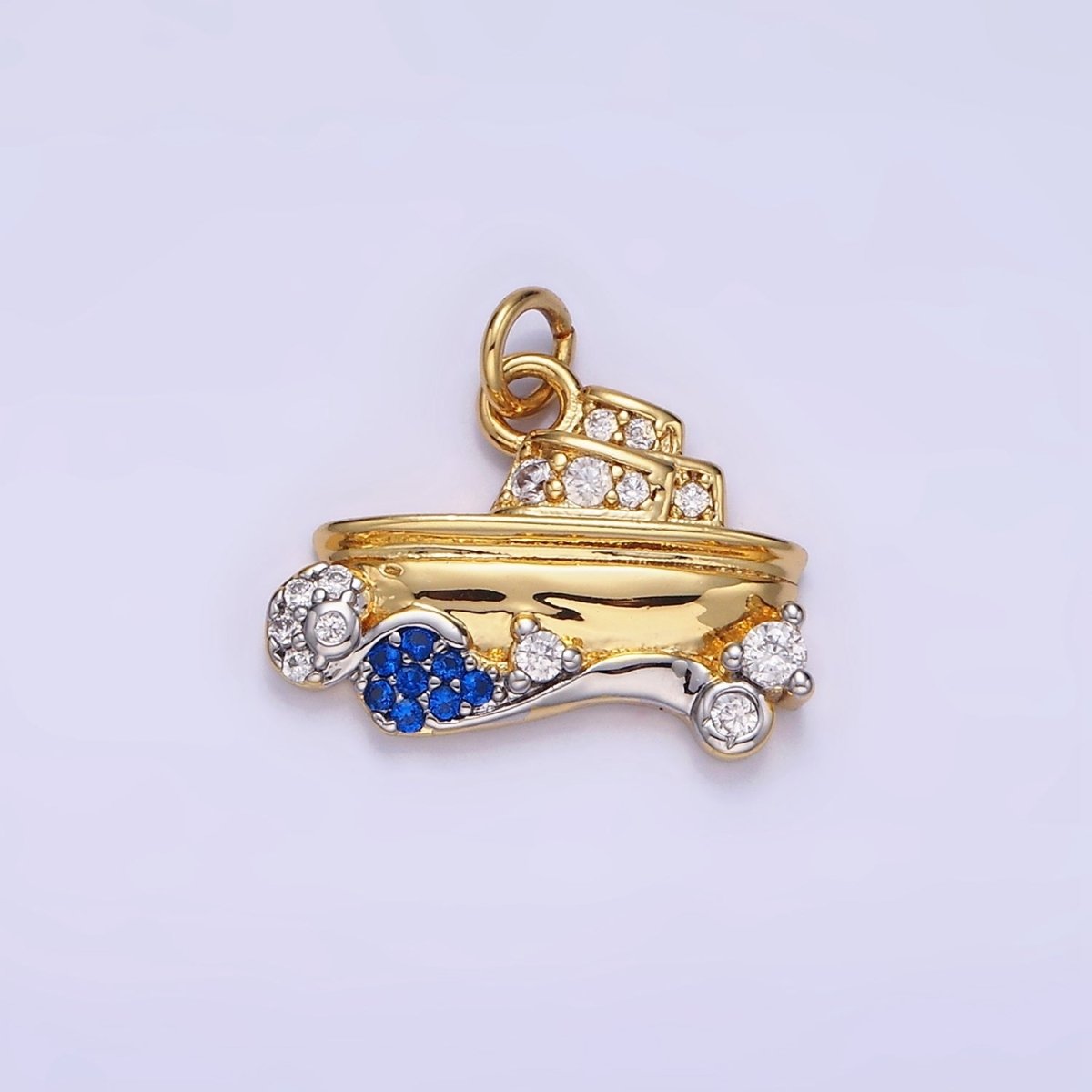 14K Gold Filled Boat Ocean Water CZ Micro Paved Mixed Metal Charm | AG632 - DLUXCA