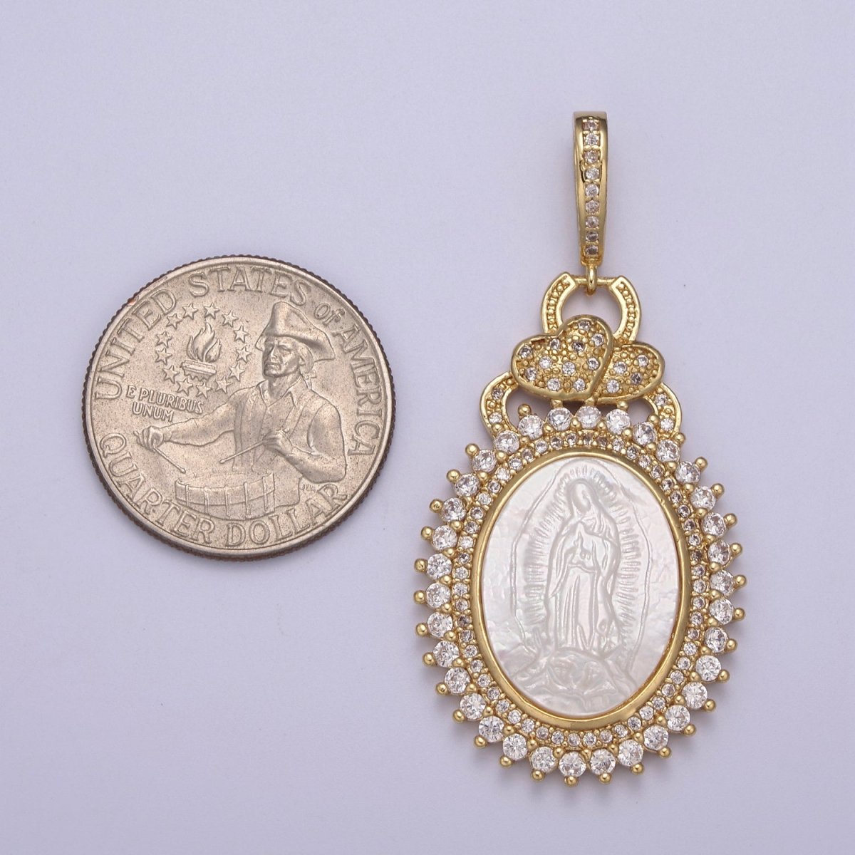 14k Gold Filled Bold Micro Pave Oval Virgin Mary Pendant with Pearl Lady Guadalupe for Statement Religious Jewelry Making H-508 - DLUXCA