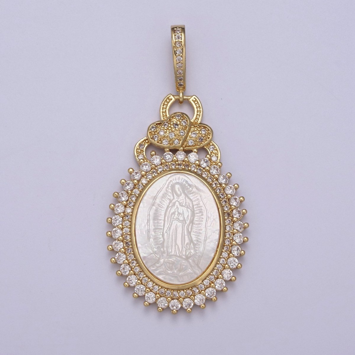 14k Gold Filled Bold Micro Pave Oval Virgin Mary Pendant with Pearl Lady Guadalupe for Statement Religious Jewelry Making H-508 - DLUXCA